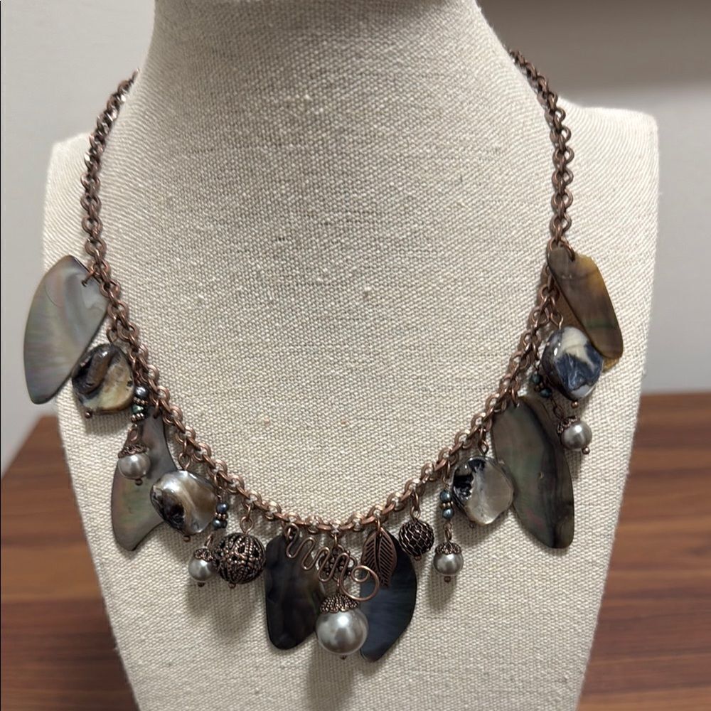 Lia Sophia Signed Bronze necklace with Abalone, Fresh Water Pearls and Charms.